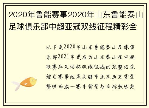 2020年鲁能赛事2020年山东鲁能泰山足球俱乐部中超亚冠双线征程精彩全记录