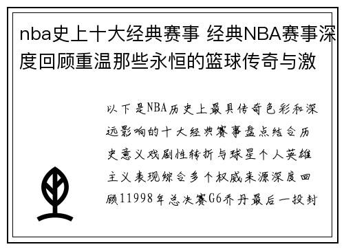 nba史上十大经典赛事 经典NBA赛事深度回顾重温那些永恒的篮球传奇与激动人心时刻
